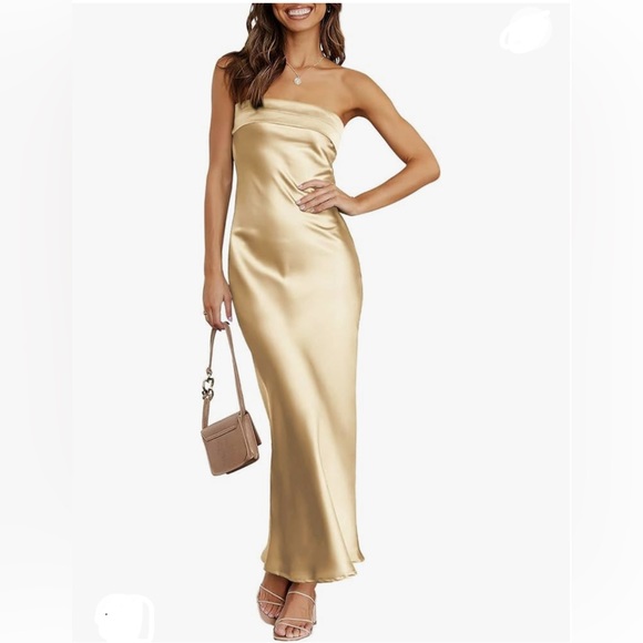 NWT Champagne Satin Strapless Tube Open Back Bodycon Cocktail Maxi Dresses - Picture 3 of 16
